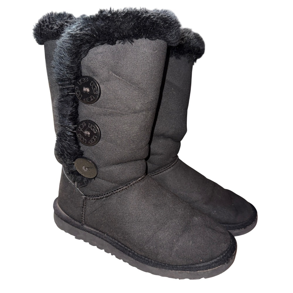 UGG Bailey Button Triplet Boots 7 Black Suede Tall Sheepskin 1873